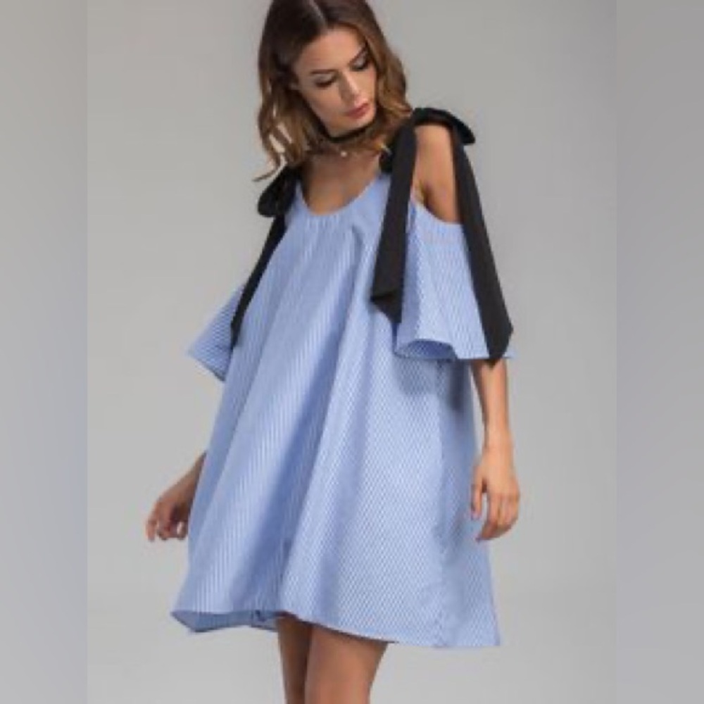 English Factory blue and white striped tie shoulder dress
